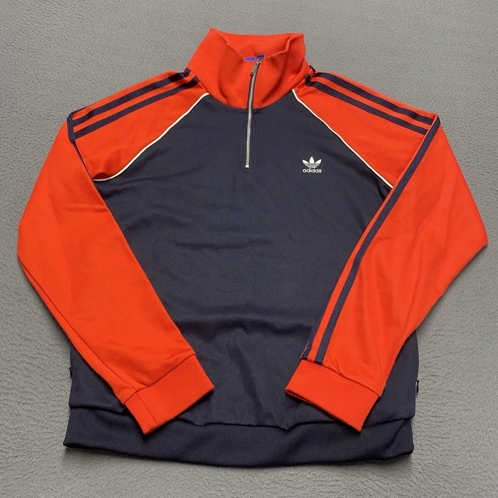 Adidas Sweatshirt Mens Medium Blue Red 1/4 Zip Pullover 3-Stripes Trefoil Logo
